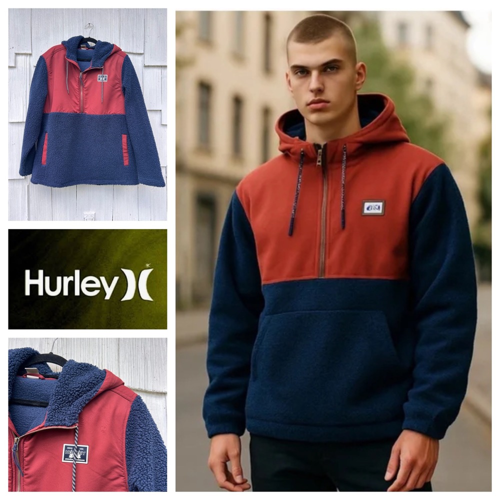 Hurley Mens XL Pullover Hoodie Jacket‎ Red Blue Sherpa Fleece Quarter Zip
